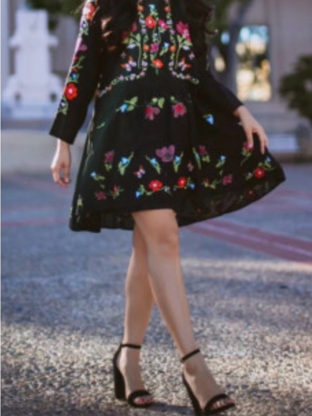 Zara Black Floral Embroidered Babydoll Swing Dress XS Boho